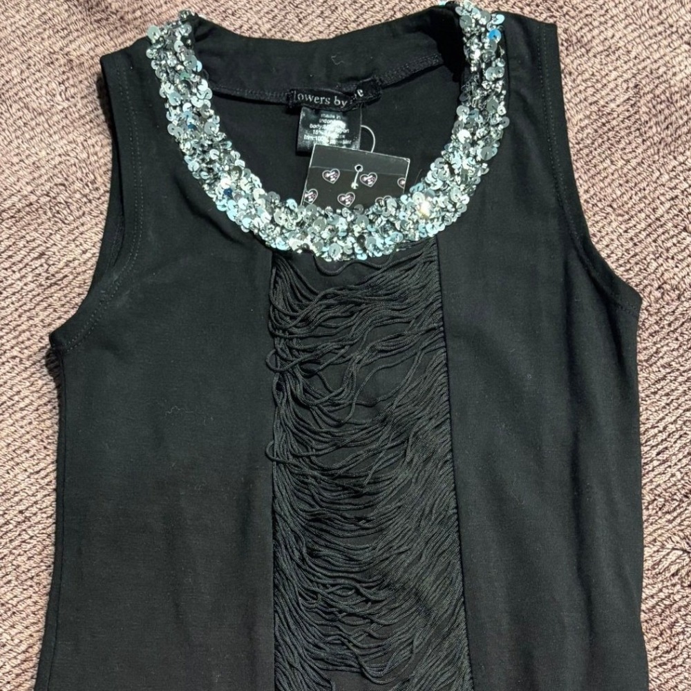 Flowers by Zoe Black Fringe Sequin Neck Mini Dress Junior M Rocker Goth DL115SSQ - Picture 3 of 11